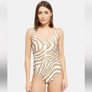 MICHAEL Michael Kors Zebra Print One-Piece Swimsuit - Tan & Cream, Size 12